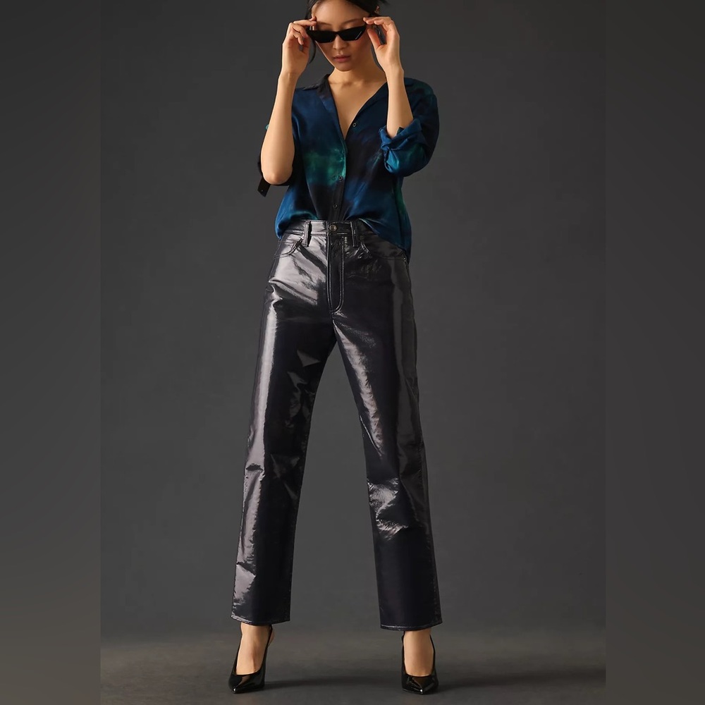 AGOLDE Recycled Leather 90's Pinch Waist Straight Leg Pants in Carbon (32) - Picture 14 of 14